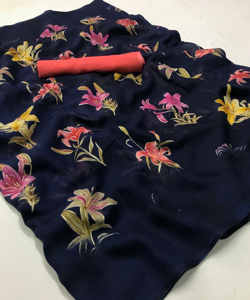 Lt Sarees Presents Rishika Traditional Wear Lilen Flower Printed Sarees Catalog Wholesaler