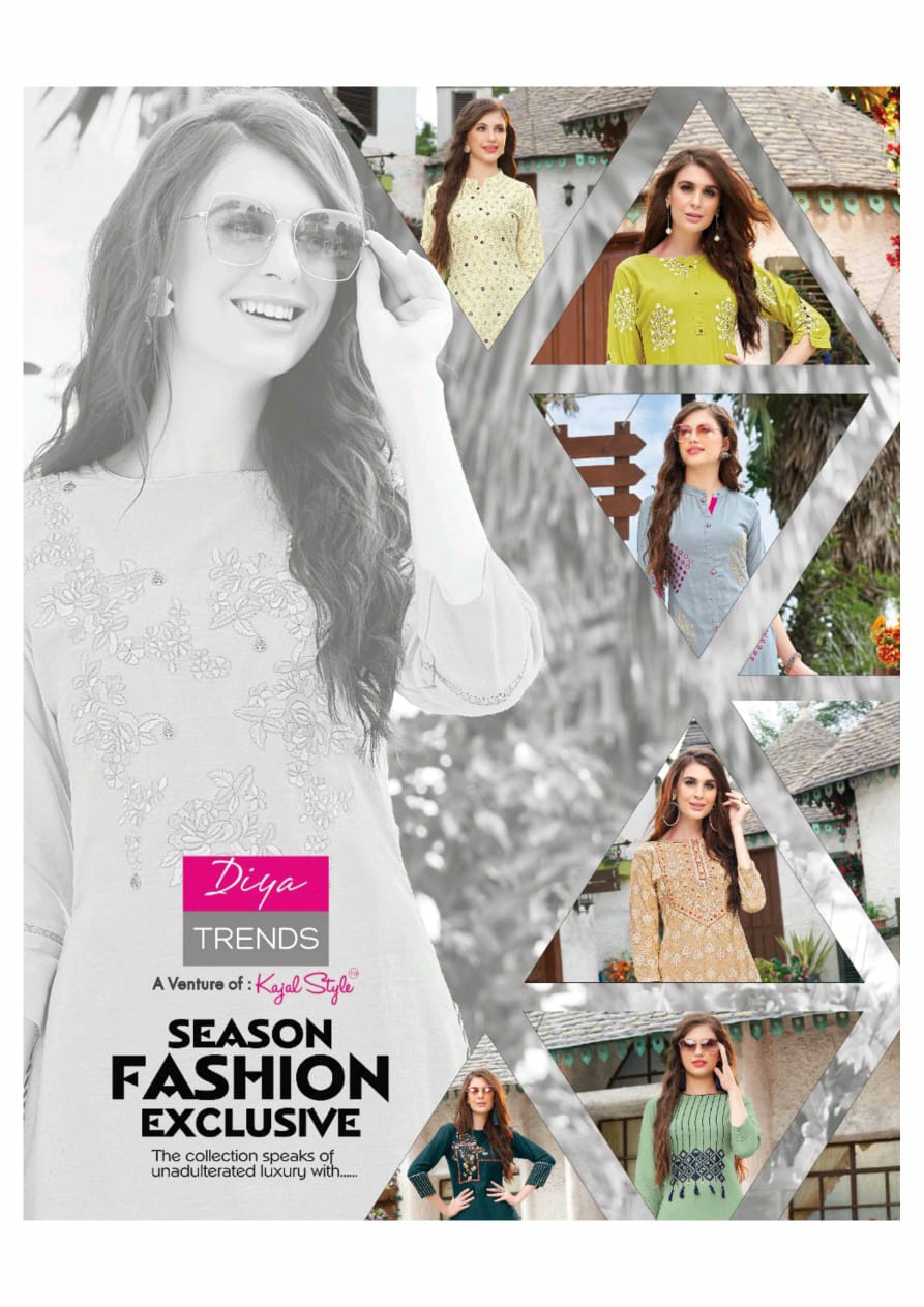 Diya Trends Presents Fashion Era Vol-1 Rayon Fancy Embroidery Kurtis With Plazzo, Sharara And Skirt Collection