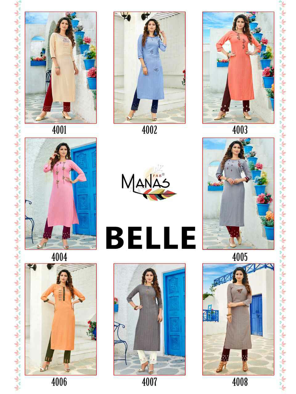 Manas Presents Belle Rayon Embroidery Work Kurtis With Pant Cataloge Collection