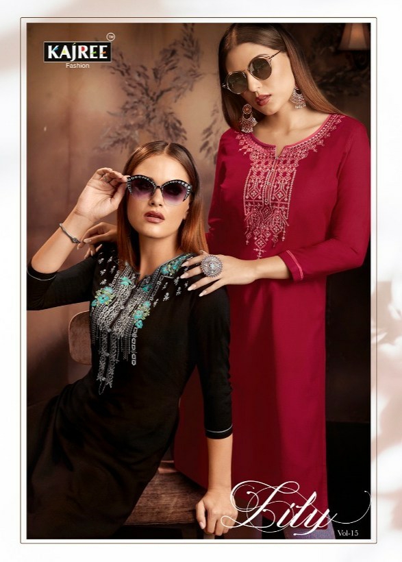 Kajree Fashion Presents Lily Vol-15 Rayon Embroidery Work Daily Wear Kurtis Catalogue Wholesaler