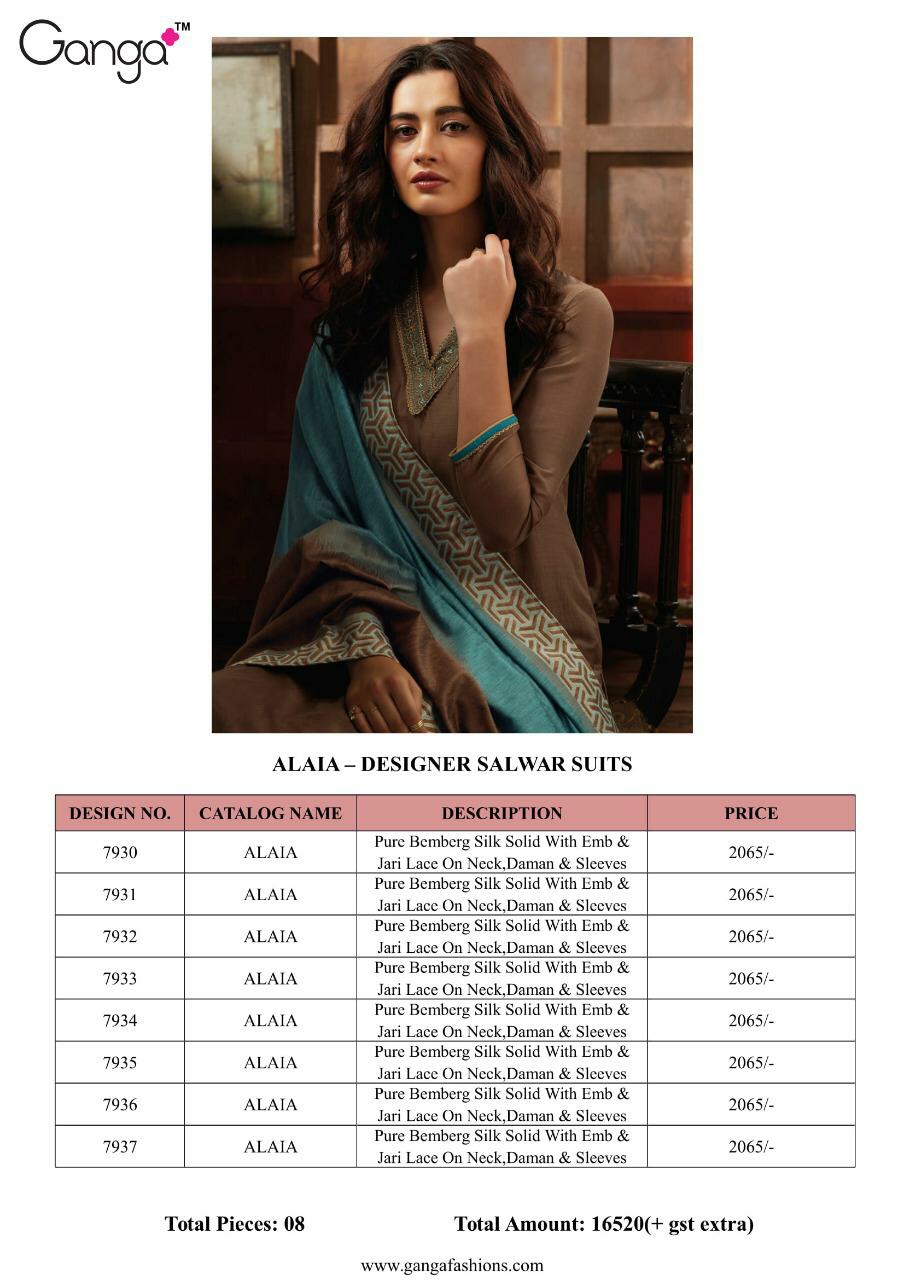 Ganga Presents Alaia Pure Bemberg Silk With Embroidery Work On Neck Exclusive Designer Party Wear Salwar Suit Catalog Wholesaler