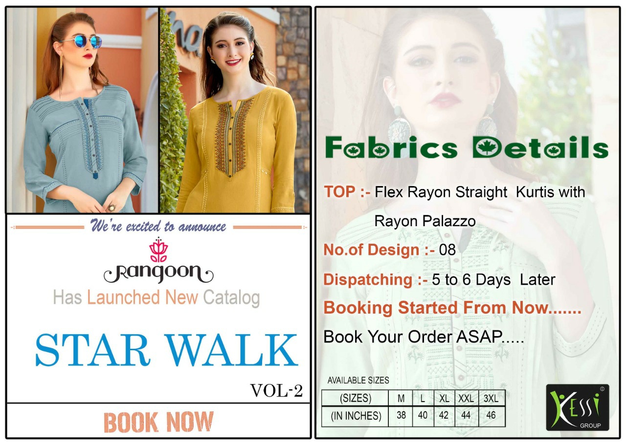 Rangoon Presents Star Walk Vol-2 Flex Rayon Long Kurtis With Plazzo Catalogue Exporters