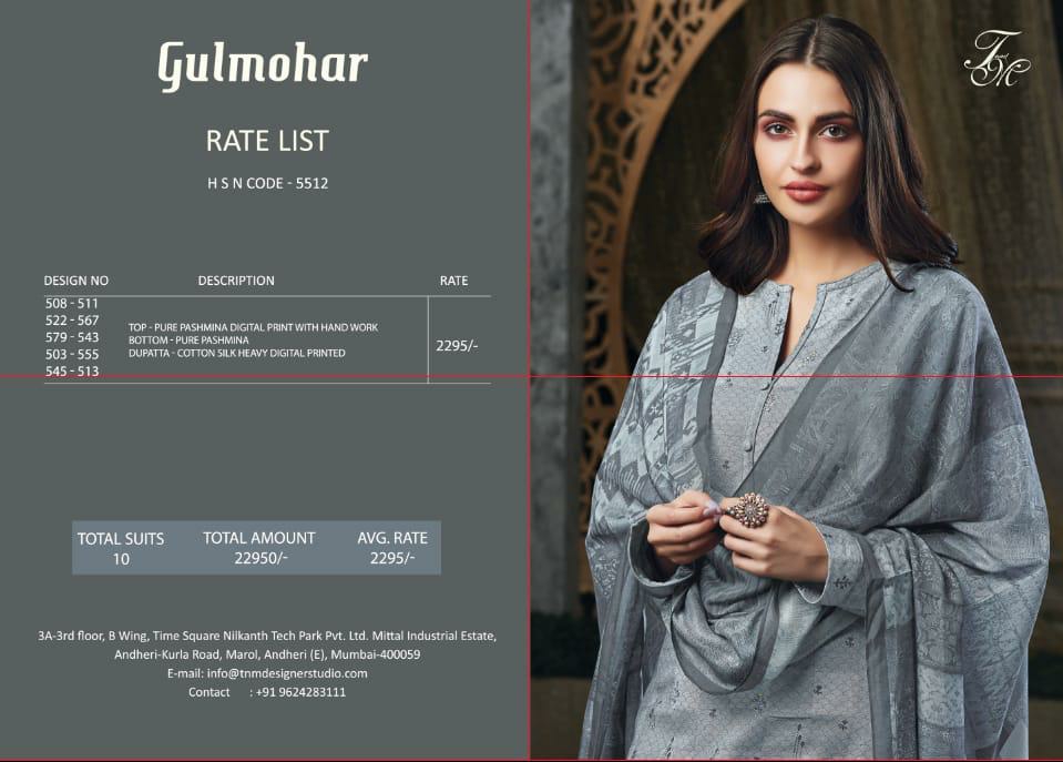T And M Presents Gulmoher Designer Pure Pashmina Digital Printed With Handwork Plazzo Style Salwar Suit Catalogue Wholesaler