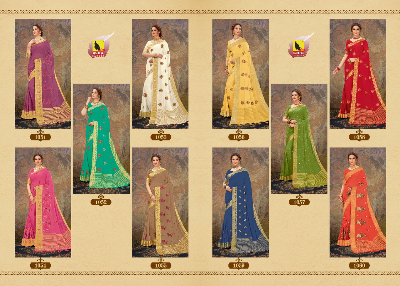 Ashika Sarees Presents Mudra Designer Embroidery Work Chiffon Sarees Catalog Wholesaler