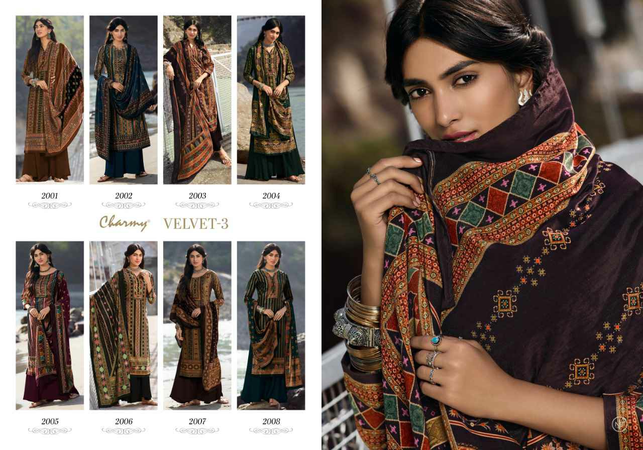 Meera Trends Presents Charmy Velvet Vol-3 Winter Wear Special Digital Printed Velvet Plazzo Style Salwar Suit Catalogue Wholesaler