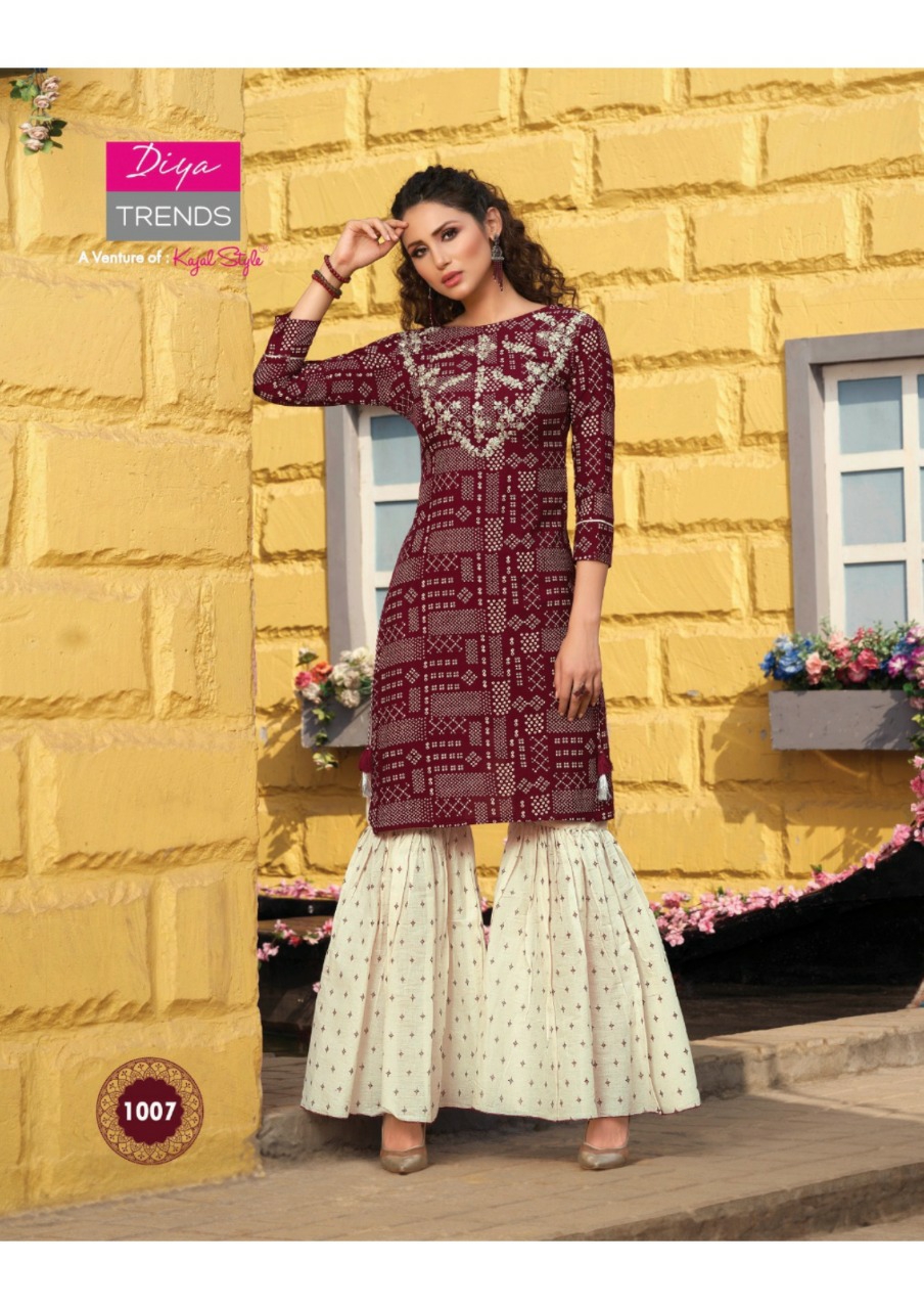 Diya Trendz Presents Florence Vol-1 Designer Kurtis With Plazzo And Sharara Collection At Wholesale