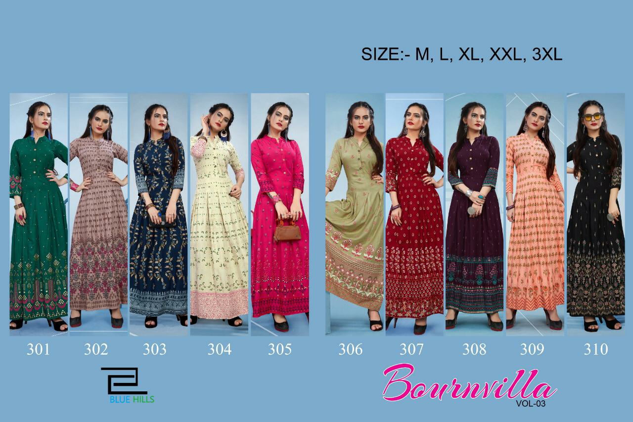 Blue Hills Presents Bournvilaa Vol-3 Fancy Gown Style Long Kurtis Catalog Wholesaler