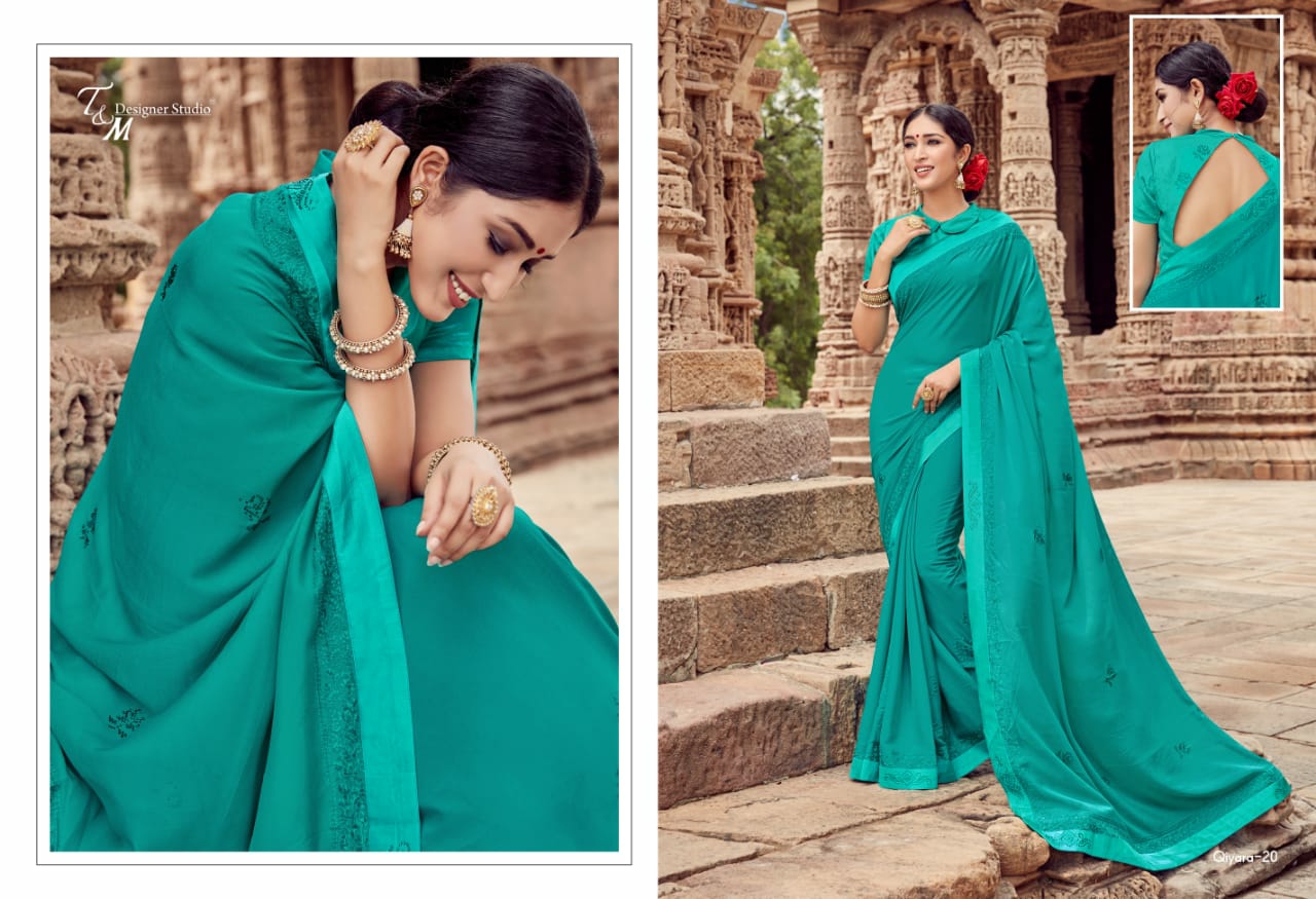 T And M Presents Qiyara Premium Designer Party Wear Georgette Saree Catalogue Wholesaler