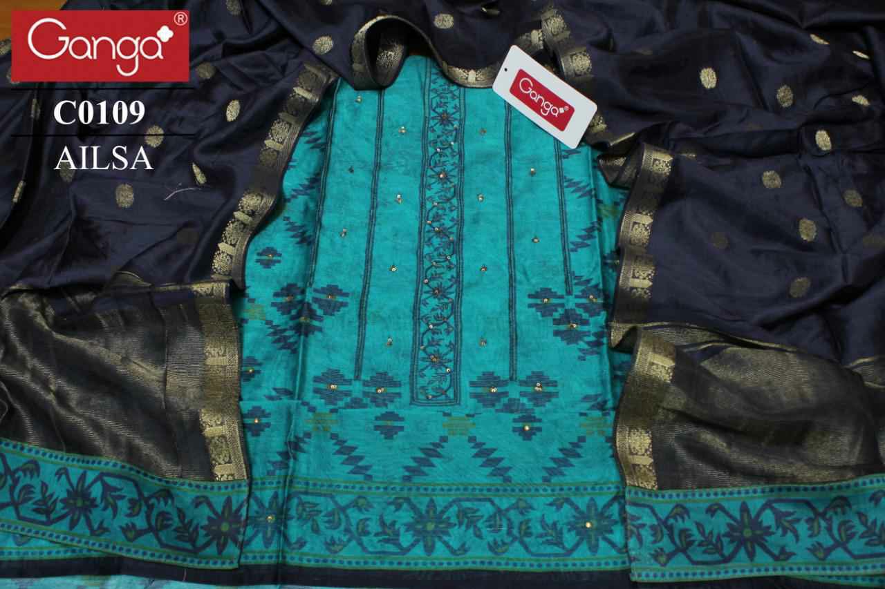 Ganga Presents Ailsa Pure Kora Silk Printed With Hand Crefted Embroidery And Swarovski Diamond Work Party Wear Plazzo Style Salwar Suit Catalog Wholesaler