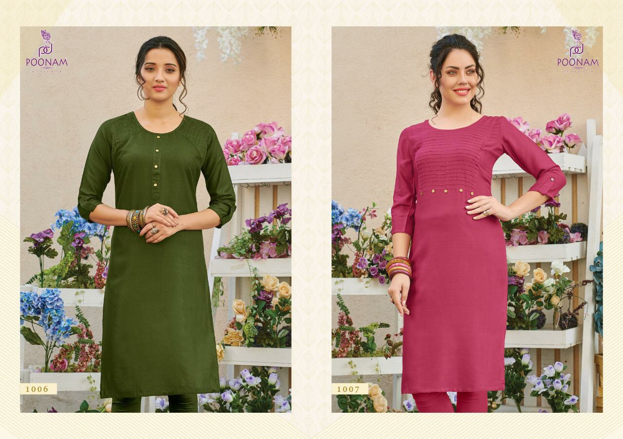 Poonam Presents Pintex Summer Wear Special Rayon Sort Kurtis Catalogue Wholesaler