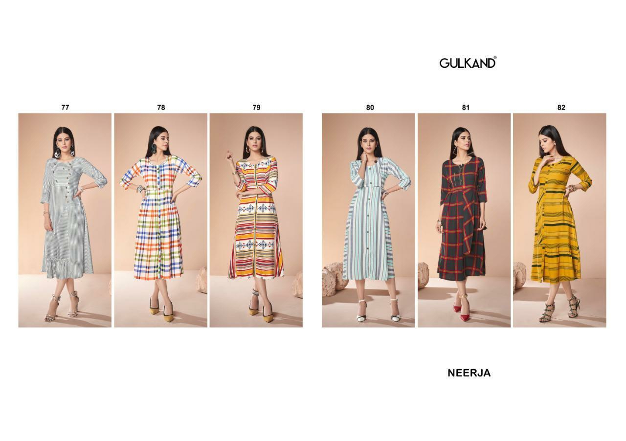 Gulkand Designer Presents Neerja Designer Rayon Printed Kurtis Catalogue Wholesaler