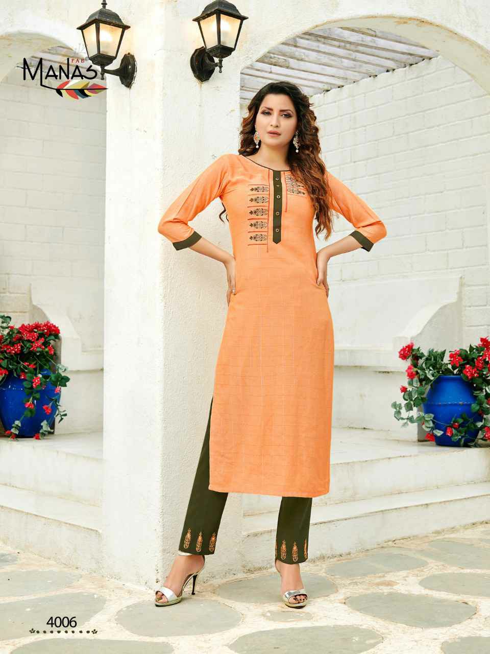 Manas Presents Belle Rayon Embroidery Work Kurtis With Pant Cataloge Collection