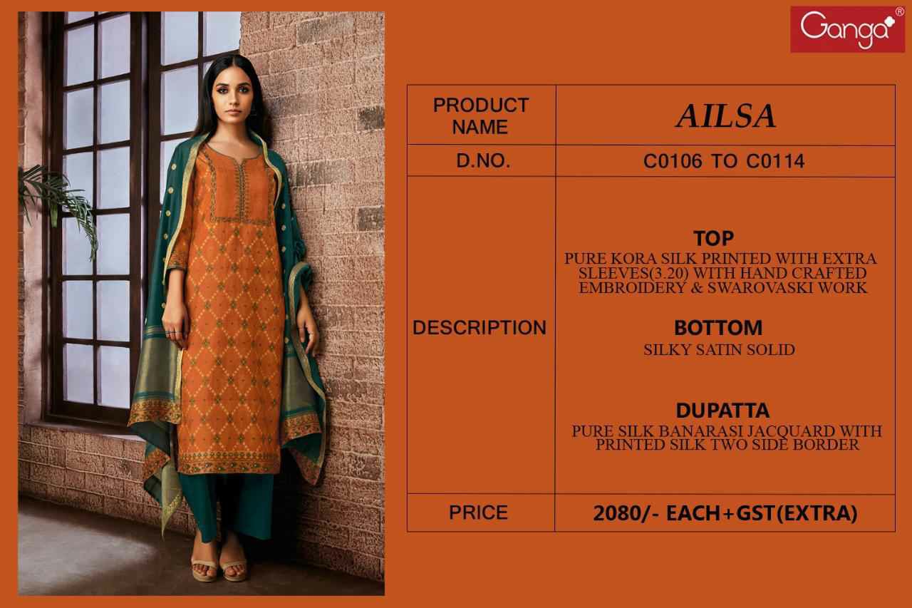 Ganga Presents Ailsa Pure Kora Silk Printed With Hand Crefted Embroidery And Swarovski Diamond Work Party Wear Plazzo Style Salwar Suit Catalog Wholesaler