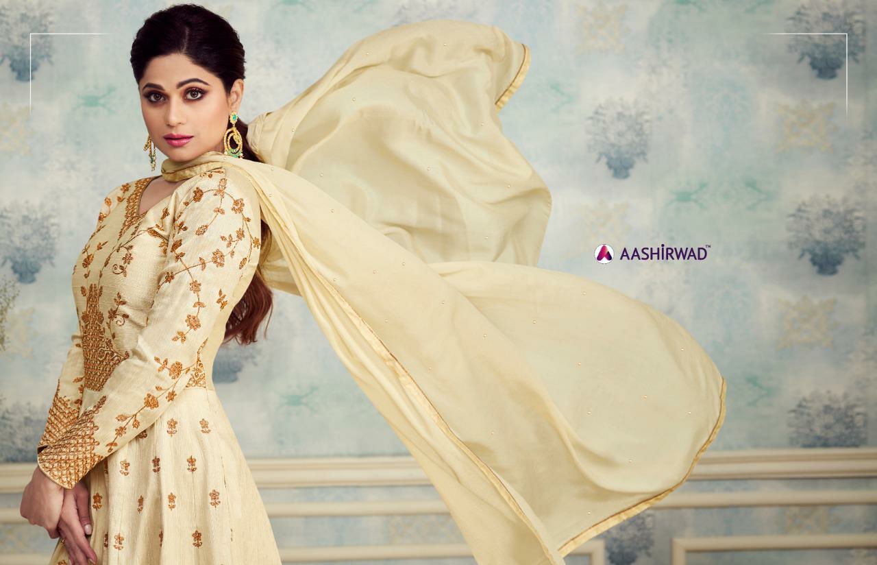 Aashirwad Presents Royal Silk Heavy Embroidery Work Party Wear Long Gown Catalogue Wholesaler