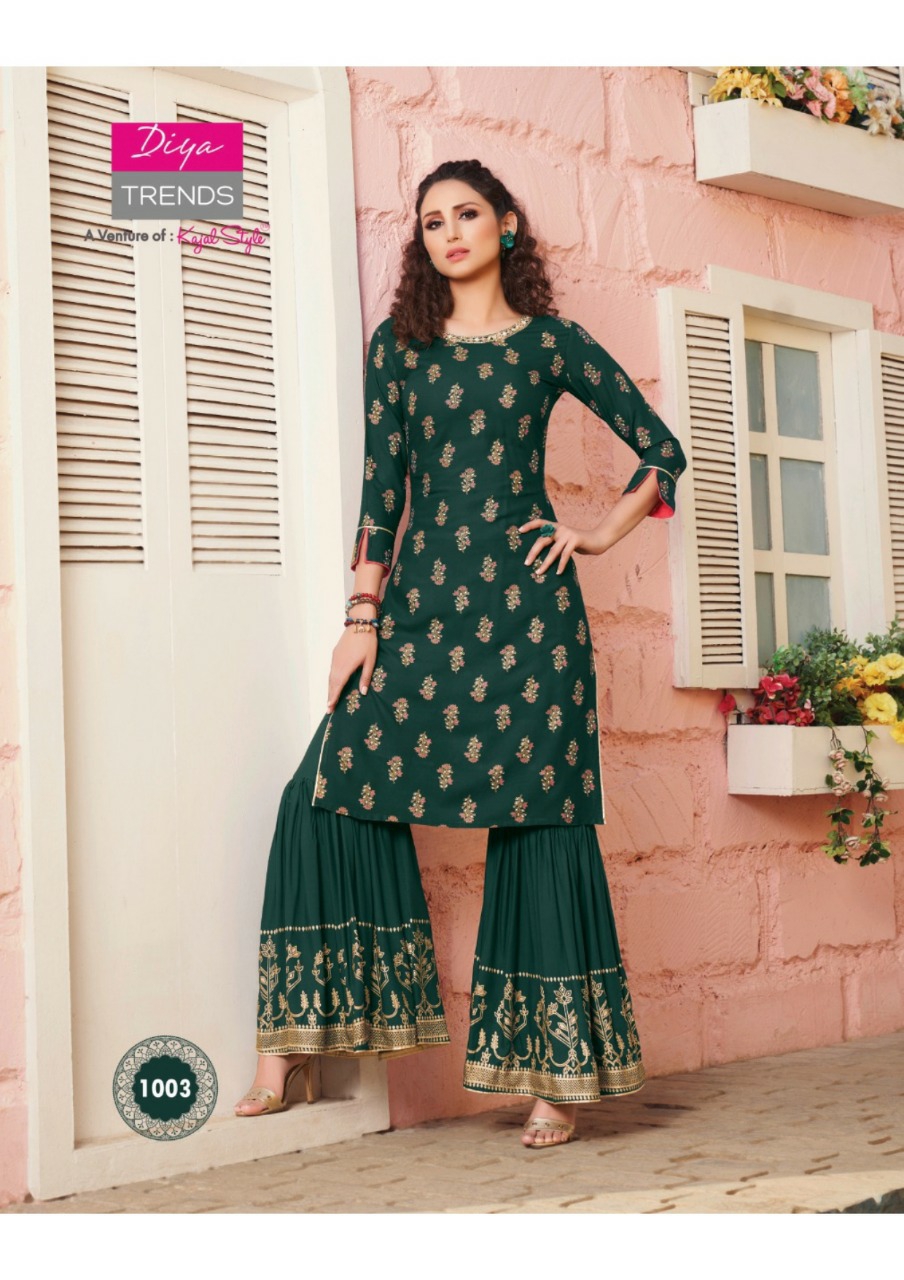 Diya Trendz Presents Florence Vol-1 Designer Kurtis With Plazzo And Sharara Collection At Wholesale