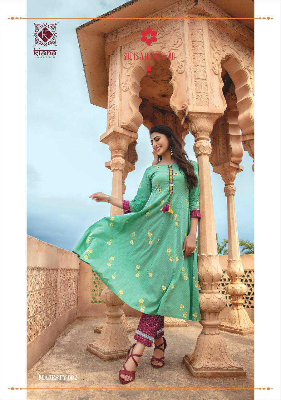 Kiana Presents Majesty Designer Party Wear Cotton Flex With Thread Work Kurtis With Pents Collection At Wholesale Prices