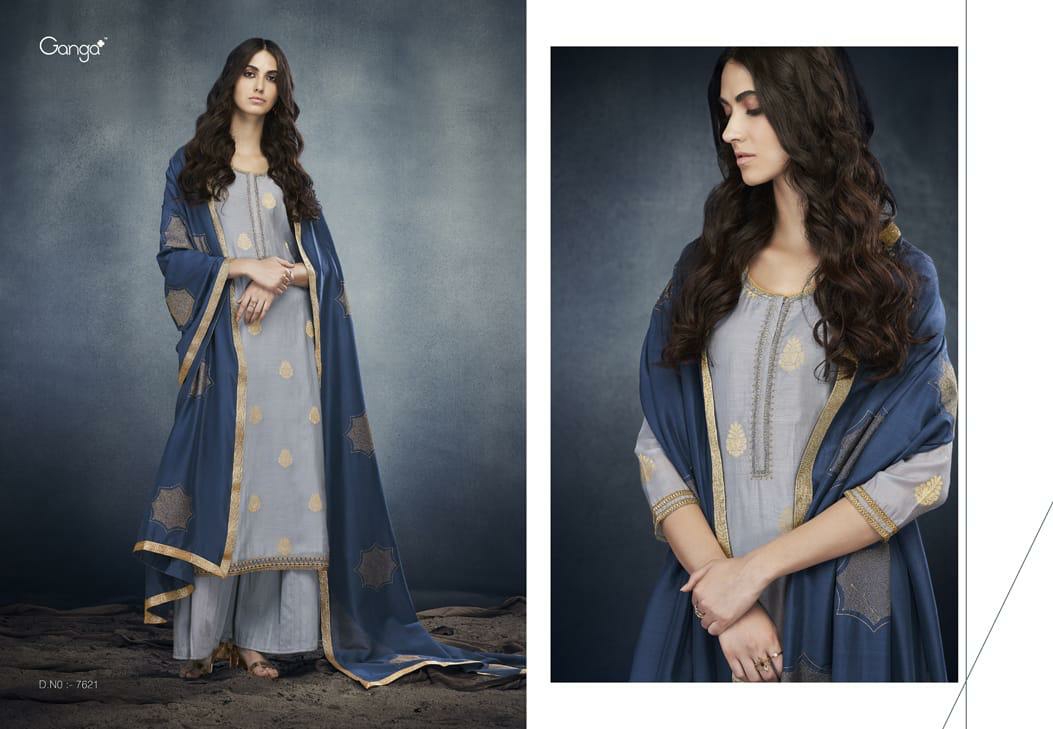 Ganga Presents Erica Designer Kora Silk Banarasi Jacquard With Embroidery Work And Handwork Plazzo Style Salwar Suit Catalogue Wholesaler