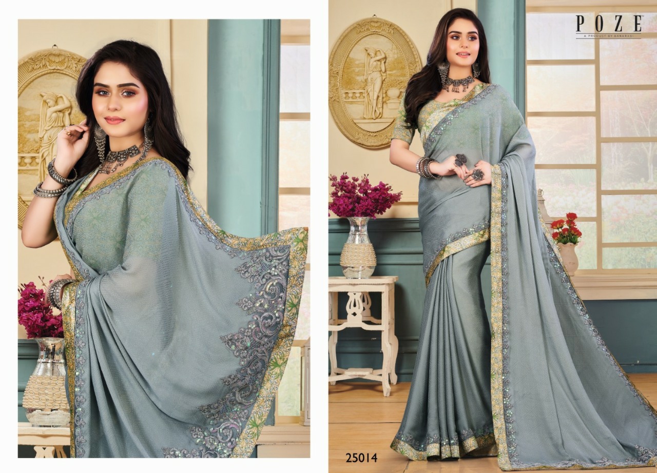 Patang Sarees Presents Poze Victoria Fancy Embroidery Work With Digital Border Sarees Cataloge Collection