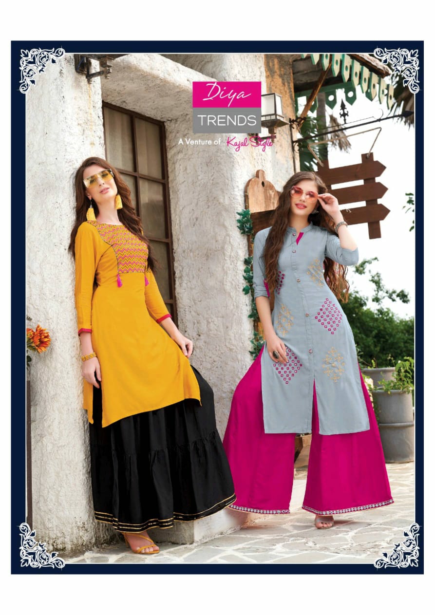 Diya Trends Presents Fashion Era Vol-1 Rayon Fancy Embroidery Kurtis With Plazzo, Sharara And Skirt Collection
