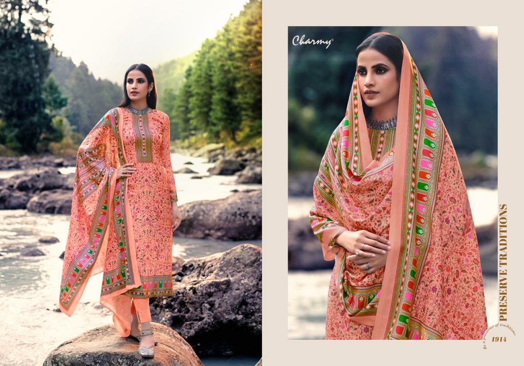 Meera Trends Presents Charmy Pashmina Vol-1 Kashmiri Print Pure Pashmina Straight Salwar Suit Catalog Wholesaler