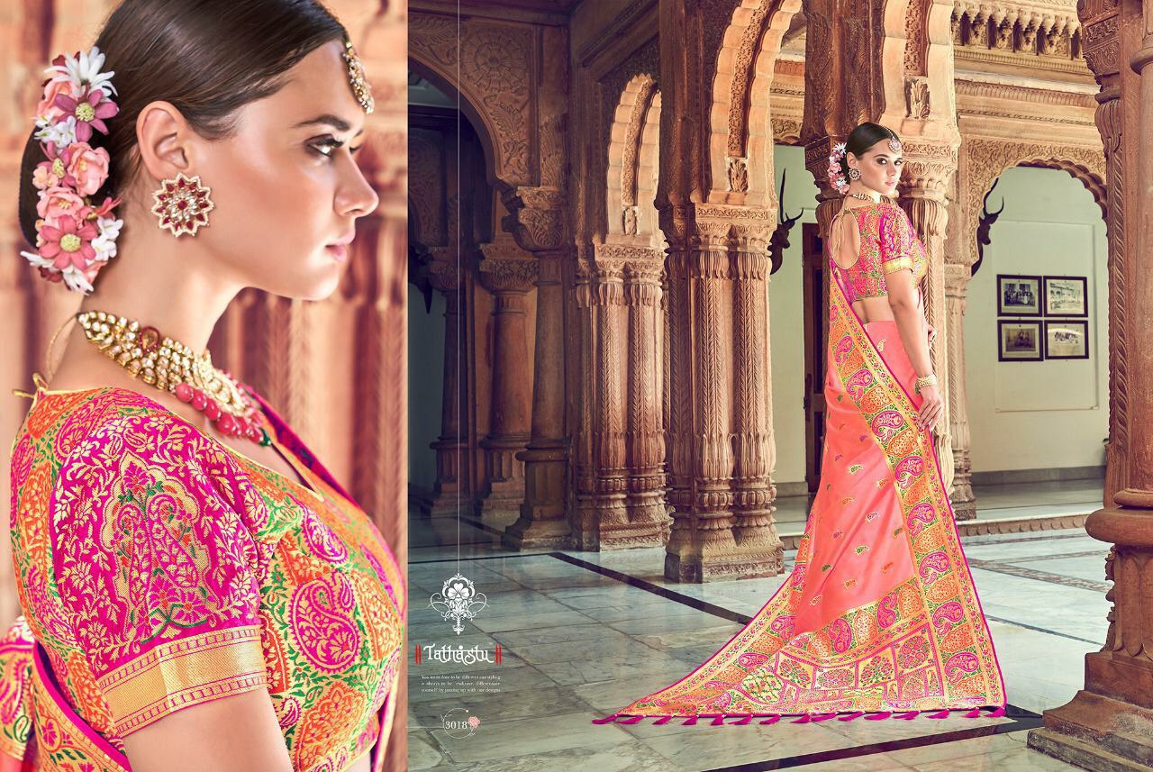 Tathastu Presents 3001 To 3019 Series Beautiful Designer Semi Bridal Silk Sarees Catalogue Wholesaler