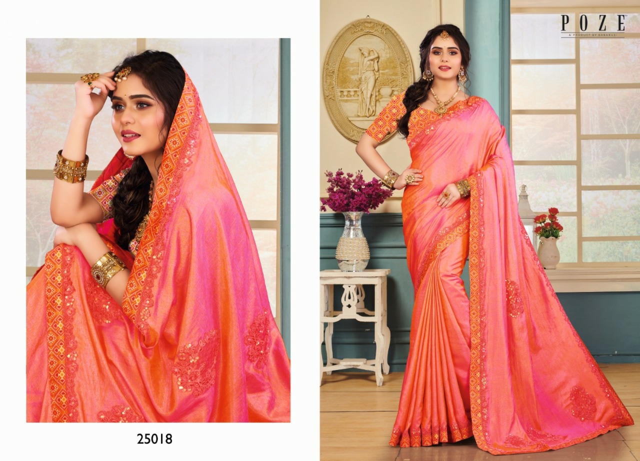 Patang Sarees Presents Poze Victoria Fancy Embroidery Work With Digital Border Sarees Cataloge Collection