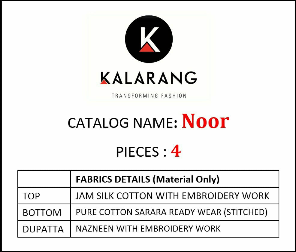 Kalarang Presents Noor Jam Silk Cotton Embroidery Work Plazzo Salwar Suite Wholesaler