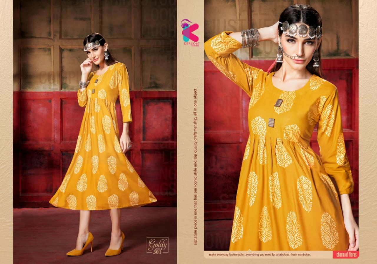 Kersom Presents Goldy Vol-3 Traditional Wear Anarkali Style Kurtis Catalogue Wholesaler