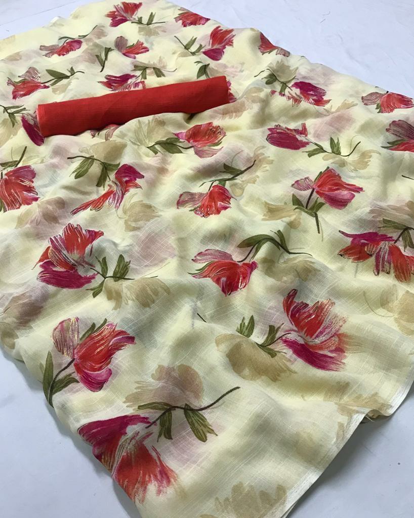 Lt Sarees Presents Rishika Traditional Wear Lilen Flower Printed Sarees Catalog Wholesaler