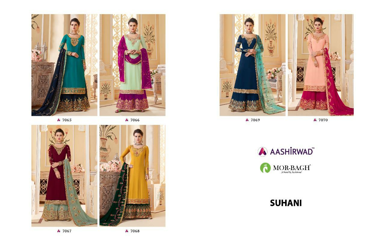 Aashirwad Presents Suhani Georgette Heavy Embroidery Designer Work Plazzo Salwar Suite Wholesaler