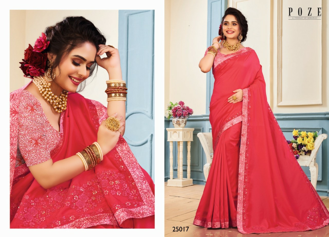 Patang Sarees Presents Poze Victoria Fancy Embroidery Work With Digital Border Sarees Cataloge Collection