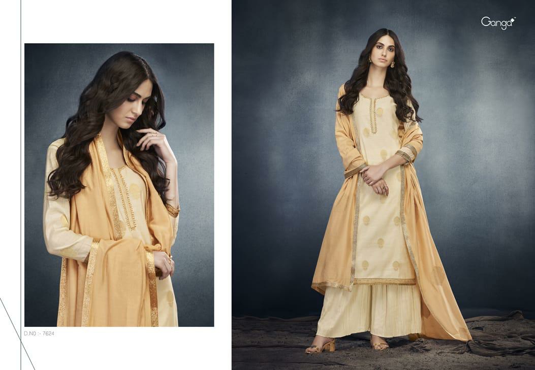 Ganga Presents Erica Designer Kora Silk Banarasi Jacquard With Embroidery Work And Handwork Plazzo Style Salwar Suit Catalogue Wholesaler