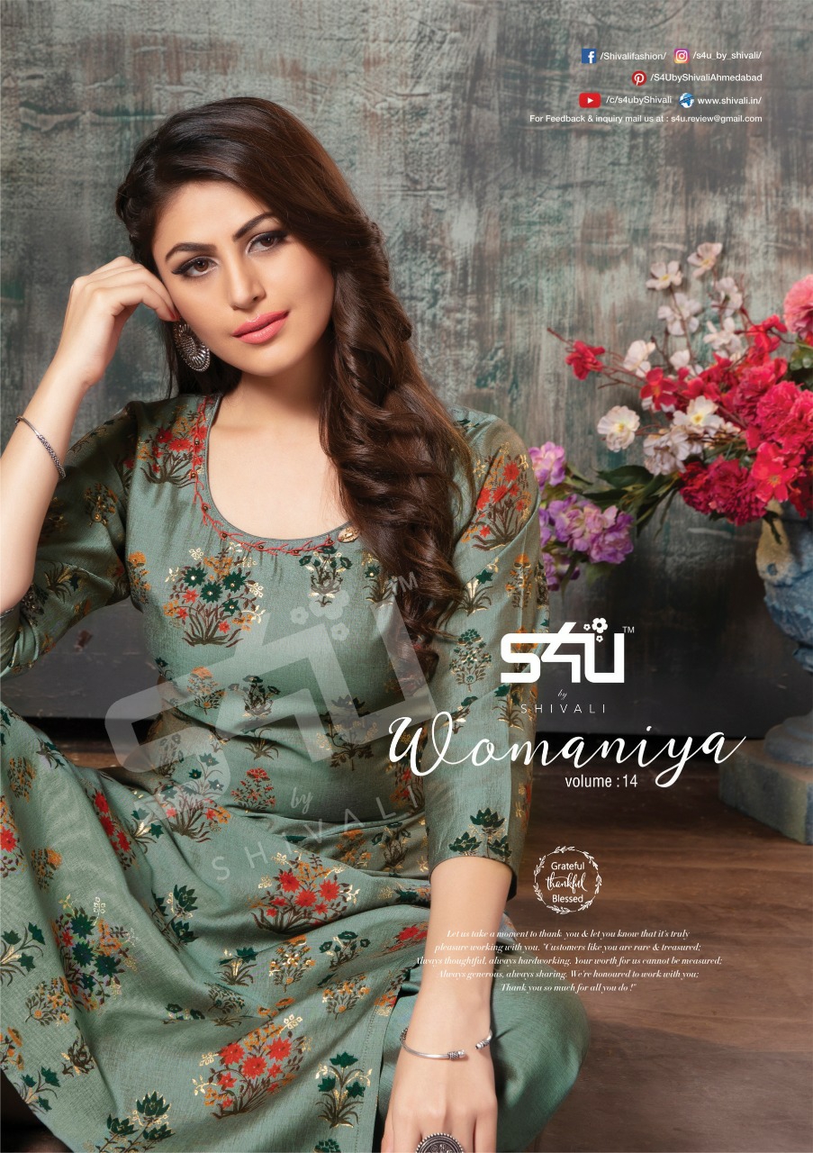 S4u Presents Womaniya Vol-14 Designer Party Wear Kurtis With Plazzo Collection At Wholesale