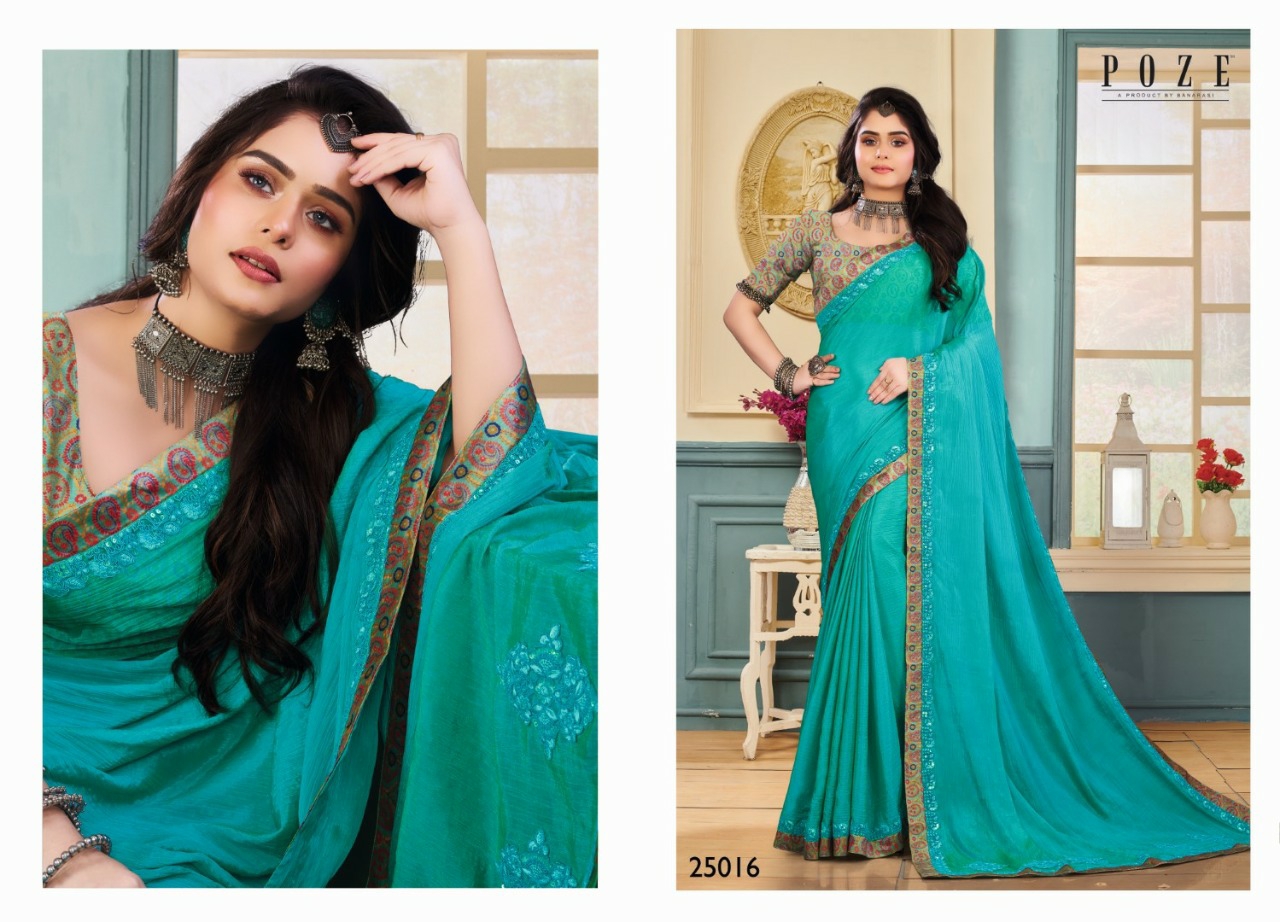 Patang Sarees Presents Poze Victoria Fancy Embroidery Work With Digital Border Sarees Cataloge Collection