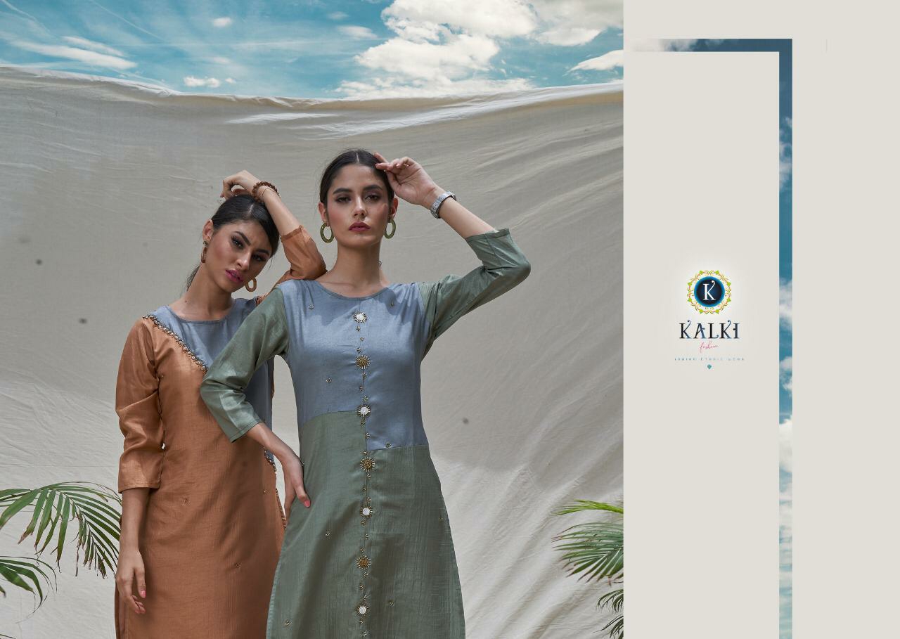 Kalki Fashion Presents Sky Angle Pure Dola Silk Designer Straight Kurtis Catalogue Wholesaler