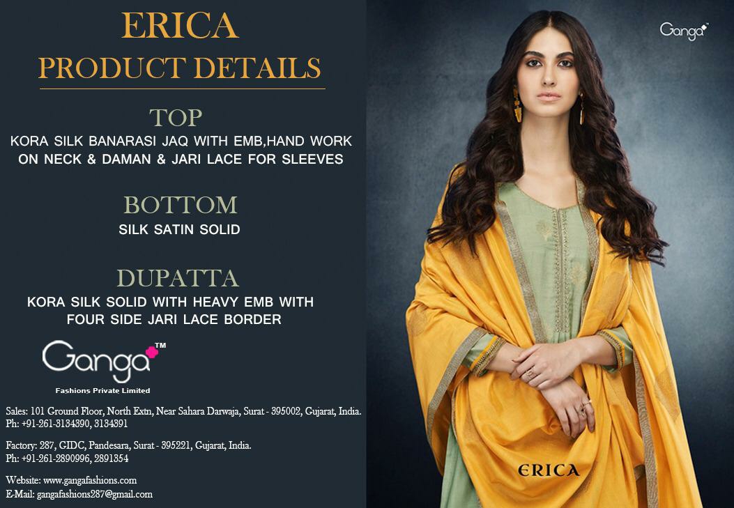 Ganga Presents Erica Designer Kora Silk Banarasi Jacquard With Embroidery Work And Handwork Plazzo Style Salwar Suit Catalogue Wholesaler