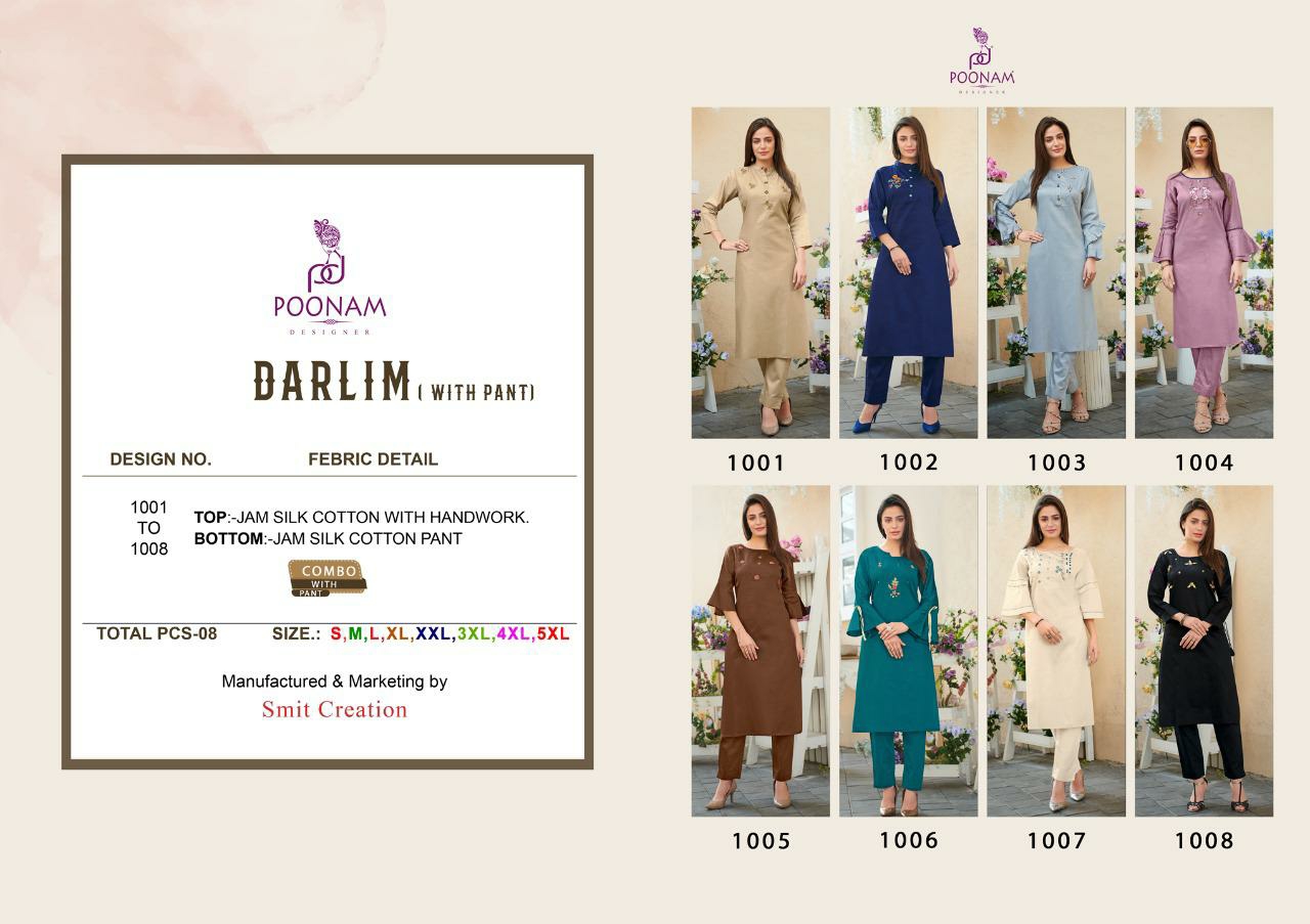 Poonam Designer Presents Darlim Jam Silk Fancy Handwork Kurtis Cataloge Wholesaler