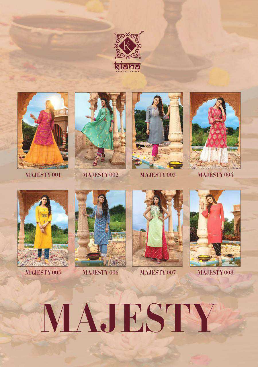 Kiana Presents Majesty Designer Party Wear Cotton Flex With Thread Work Kurtis With Pents Collection At Wholesale Prices