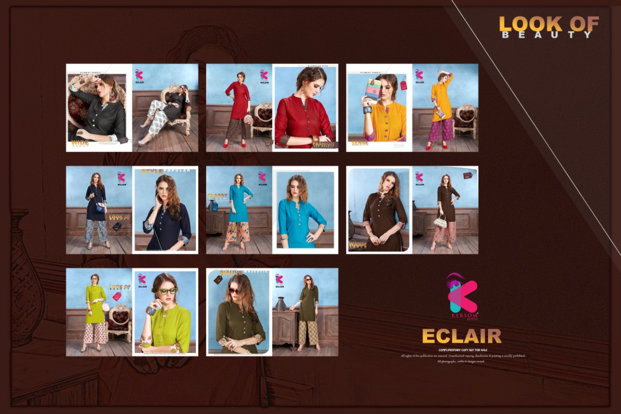 Kersom Presents Eclair Rayon Kurtis With Designer Plazzo Cataloge Wholesaler