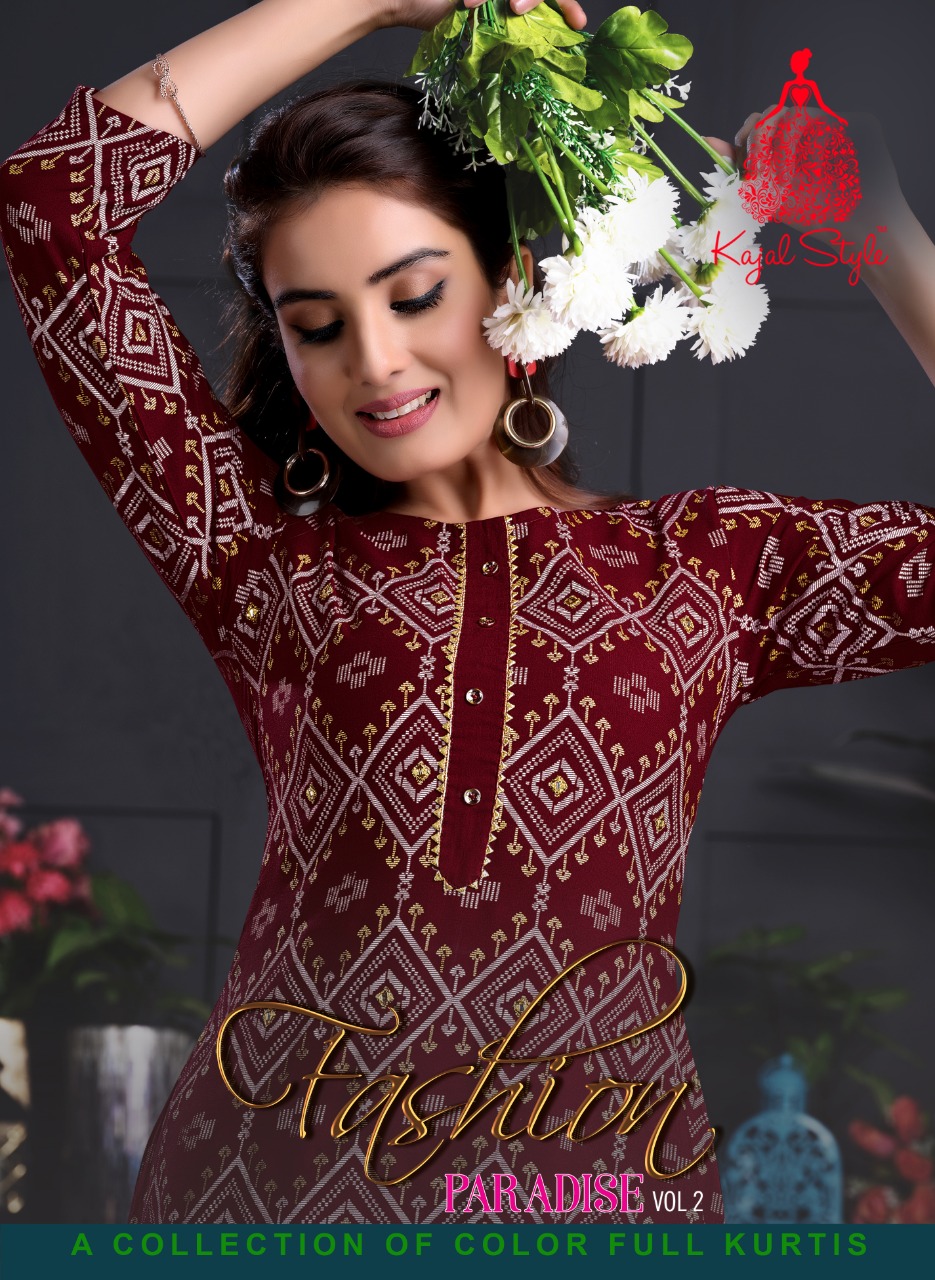 Kajal Style Presents Fashion Paradise Vol-2 Rayon Print With Fancy Embroidery Work Kurtis Wholesaler