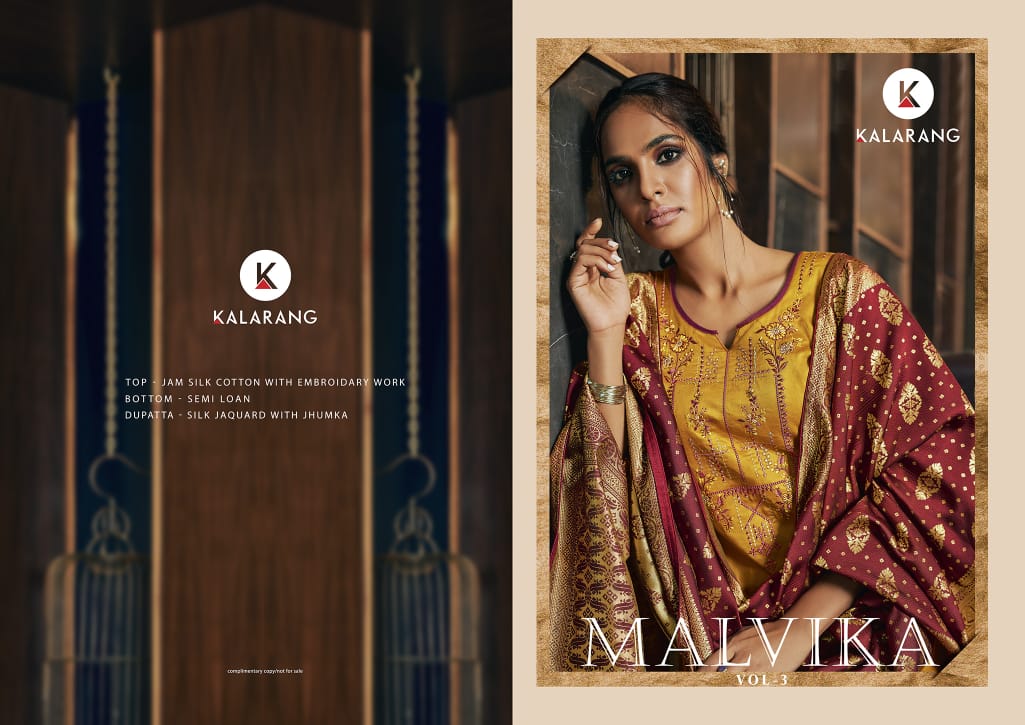 Kalarang Presents Malvika Vol-3 Jam Silk Cotton With Embroidery Work Salwar Suit Wholesaler