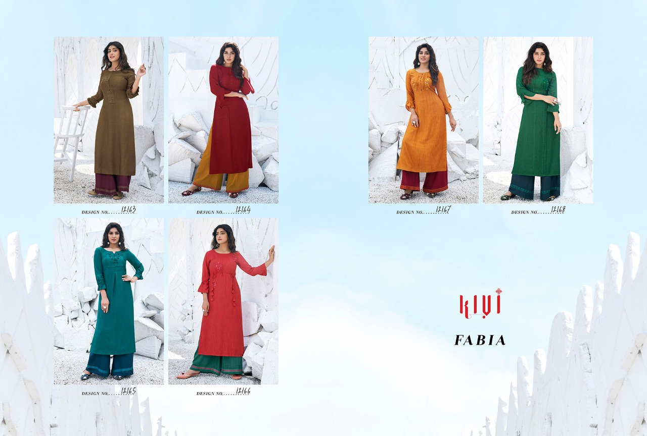 Kivi Presents Fabia Rayon With Fancy Work Kurti With Plazzo Catalog Wholesaler In Surat