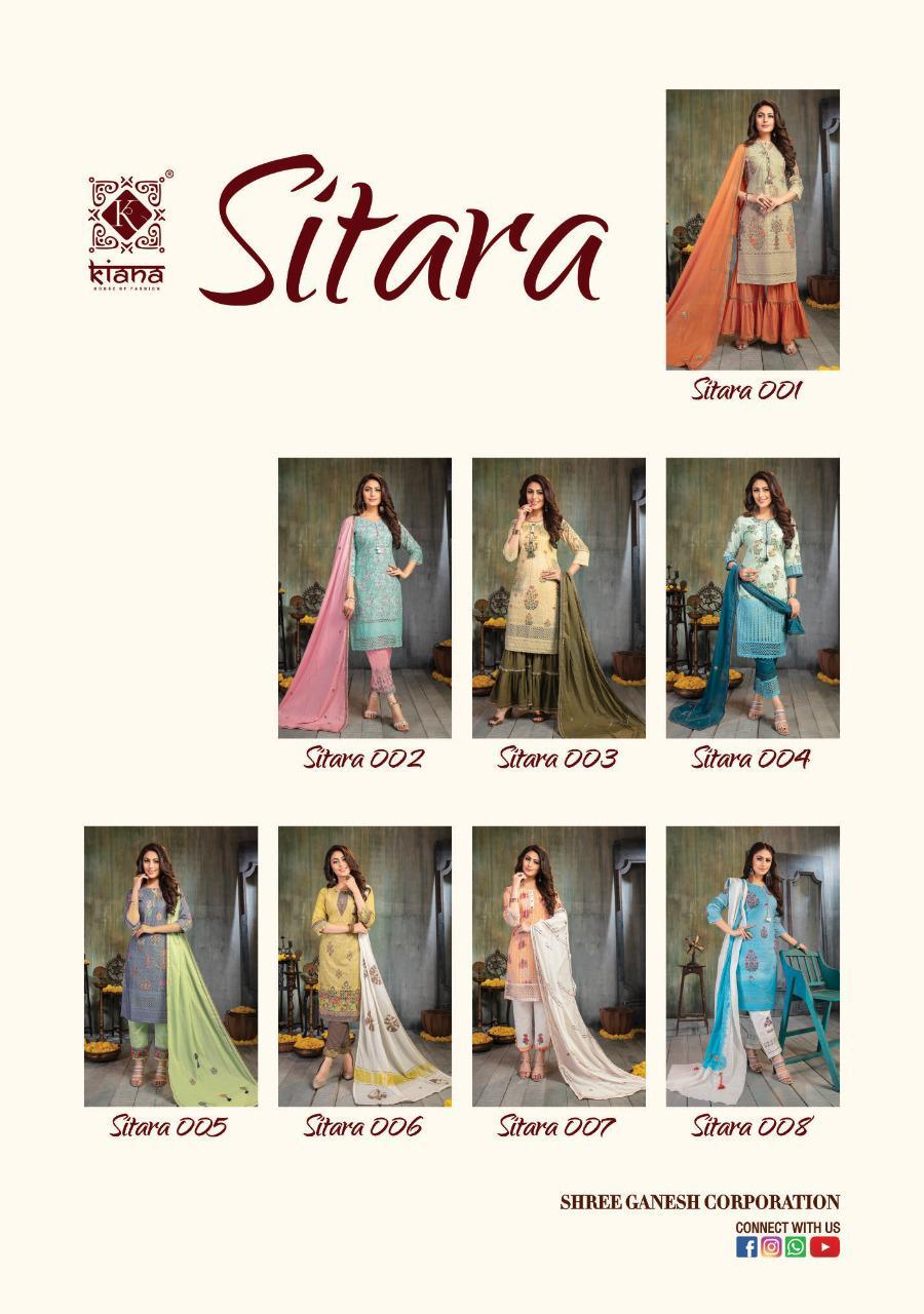 Kiana Presents Sitara Schiffli Fancy Digital Printed Kurtis With Pant Cataloge Collection
