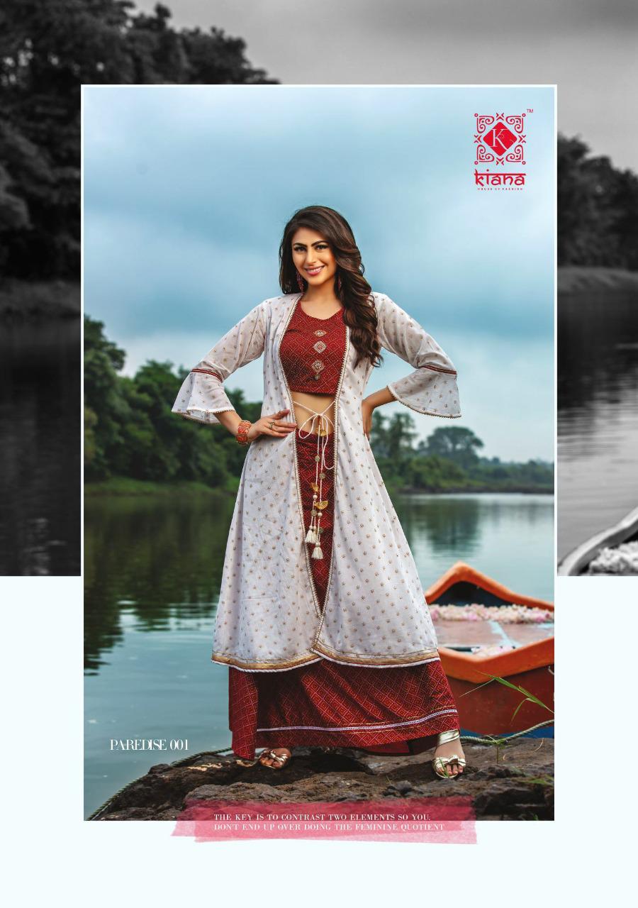 Kiana Presents Paredise Chanderi Rayon Beautiful Designer Kurtis With Sharara, Pant And Dupatta Cataloge Collection