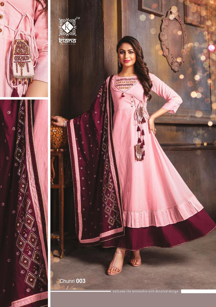 Kiana Presents Chunari Cotton Designer Embroidery Work Gown Style Long Kurtis Cataloge Collection