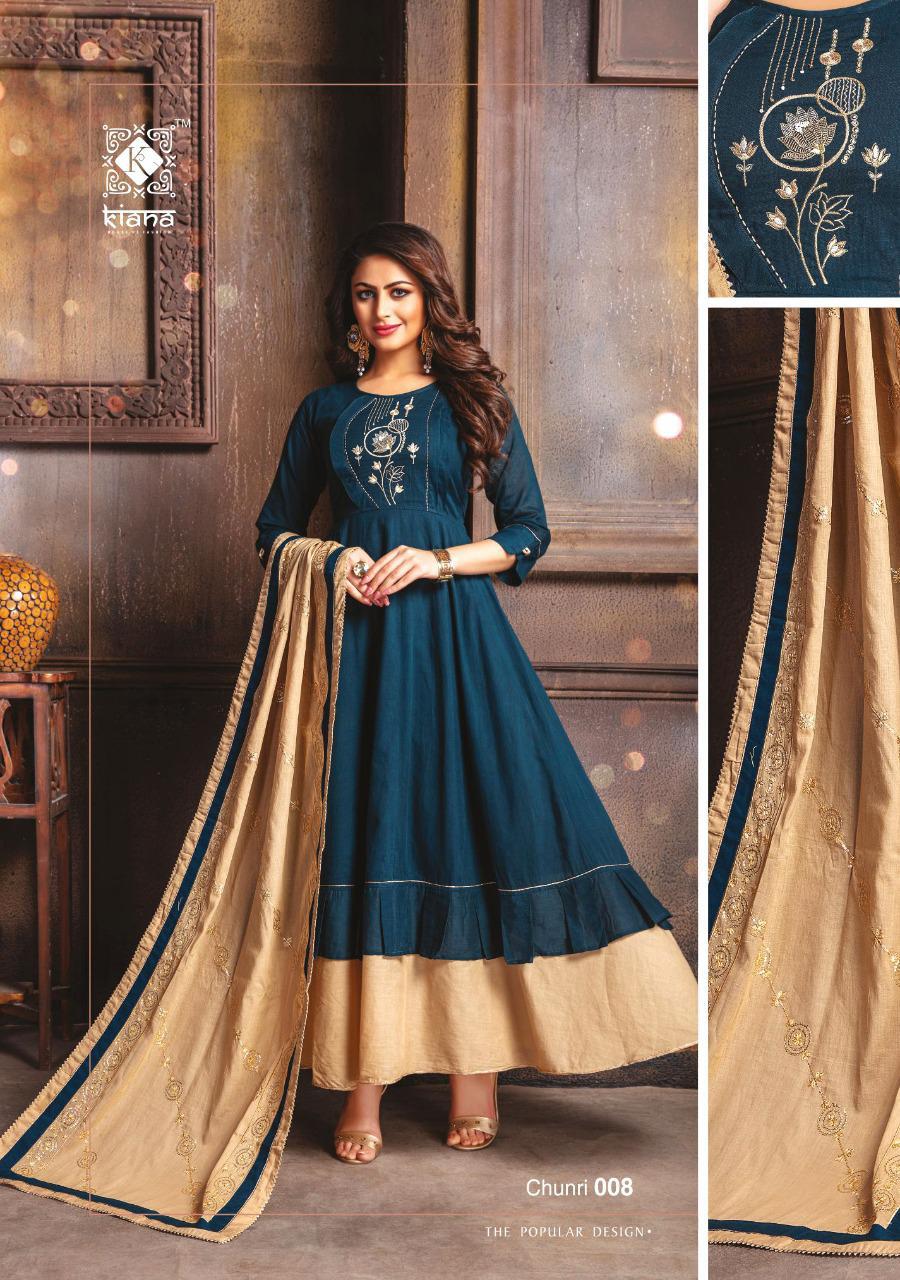 Kiana Presents Chunari Cotton Designer Embroidery Work Gown Style Long Kurtis Cataloge Collection