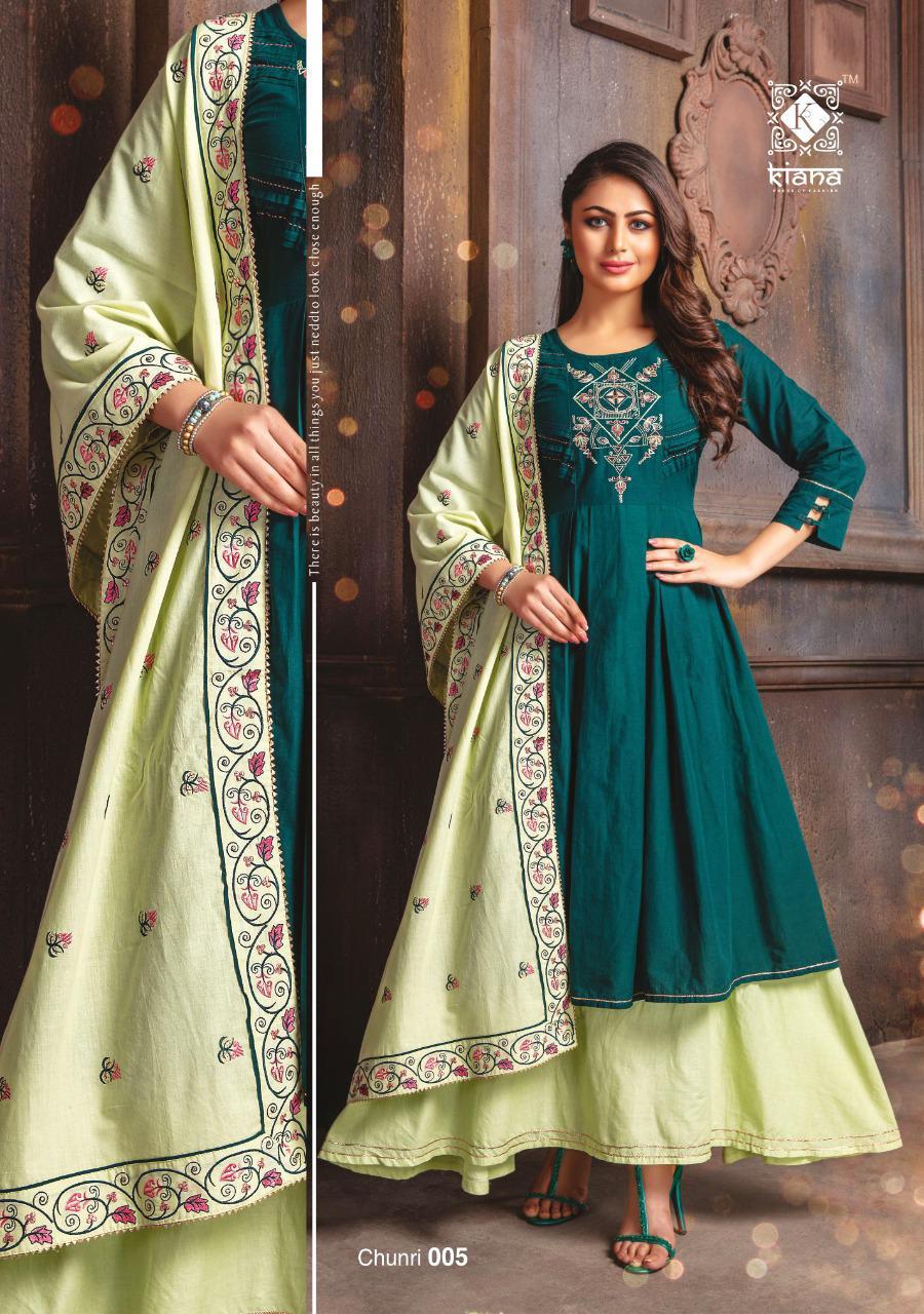Kiana Presents Chunari Cotton Designer Embroidery Work Gown Style Long Kurtis Cataloge Collection