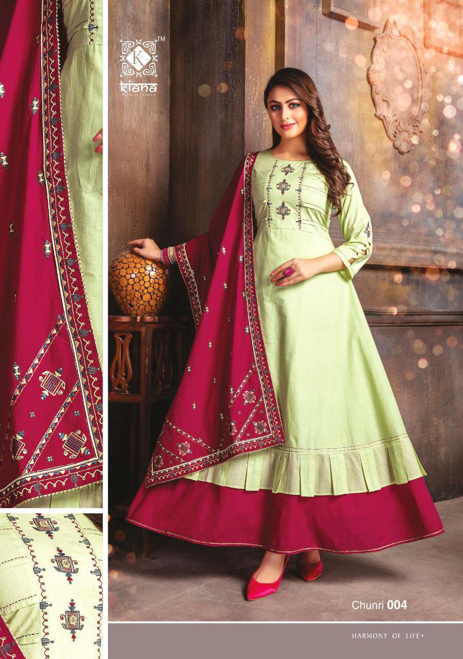 Kiana Presents Chunari Cotton Designer Embroidery Work Gown Style Long Kurtis Cataloge Collection