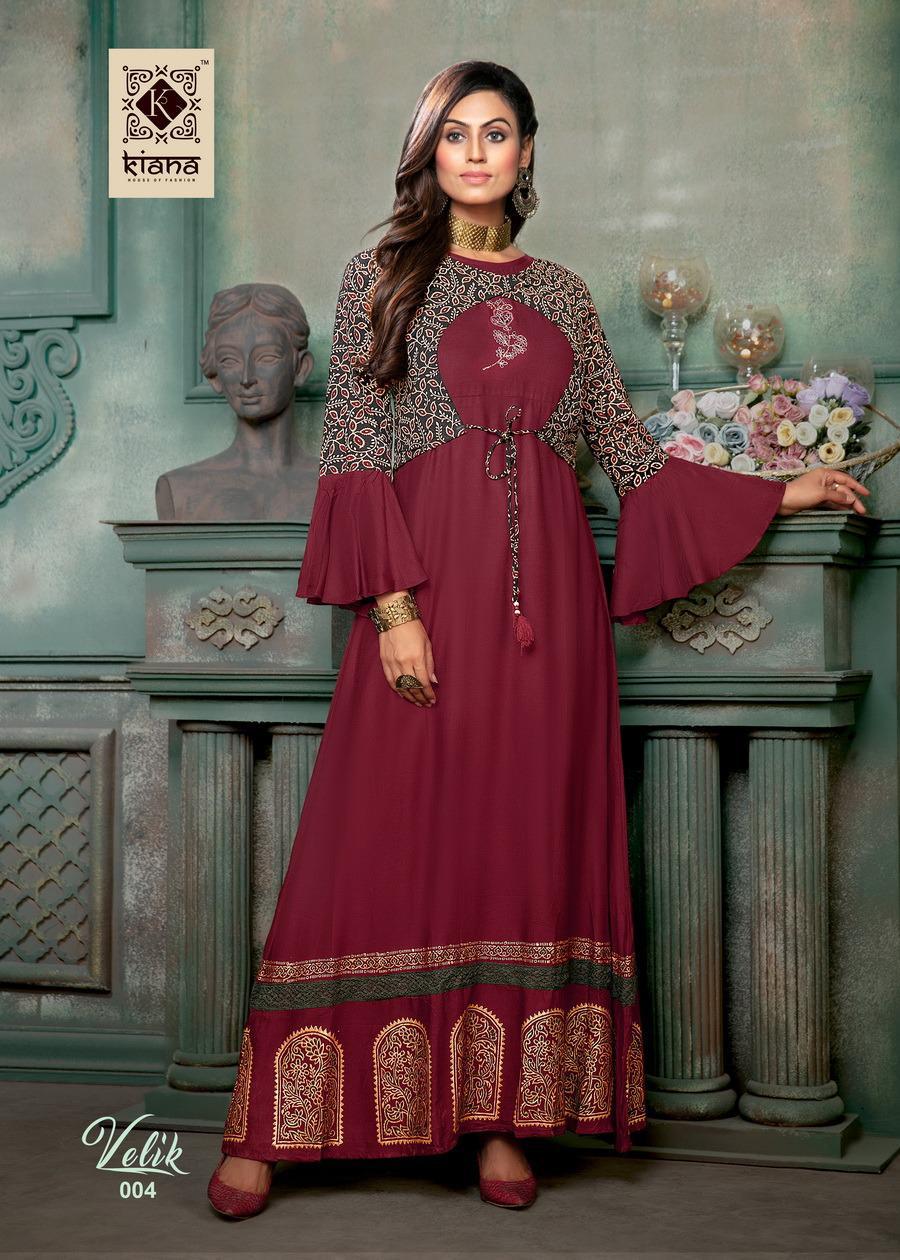 Kiana Presents Velik Rayon Long Gown Style Kurtis Cataloge Wholesaler