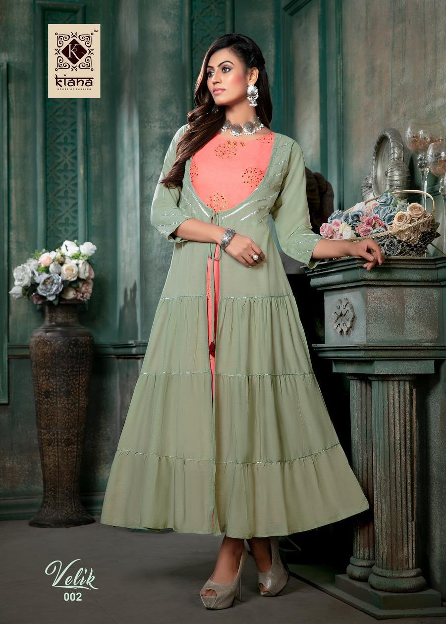 Kiana Presents Velik Rayon Long Gown Style Kurtis Cataloge Wholesaler